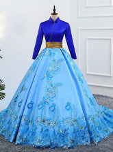 Blue Ball Gown Satin High Neck Backless Long Sleeve Appliques Quinceanera Dresses